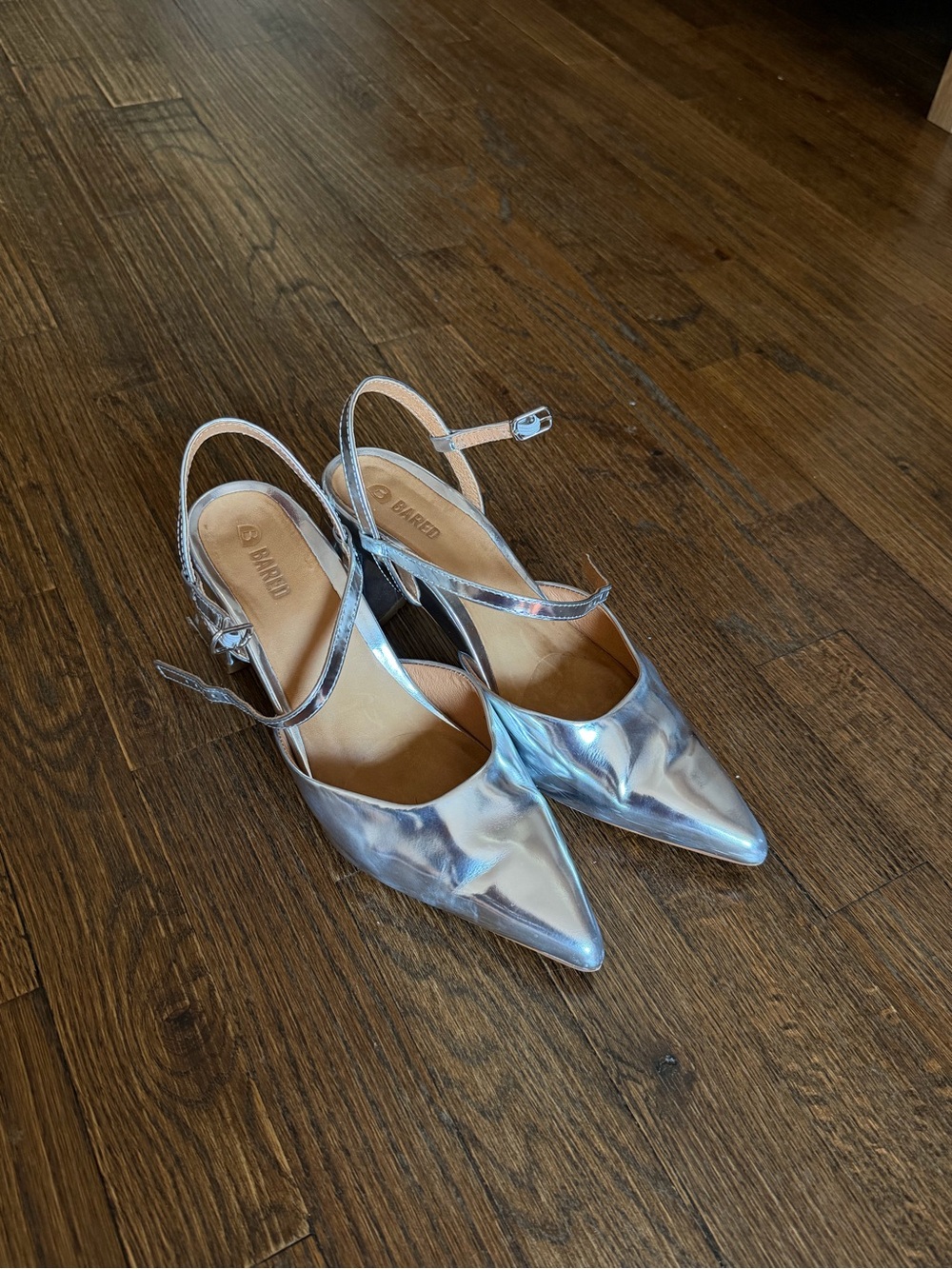 Bared Footwear Metallic Silver Pointed Slingback Pumps